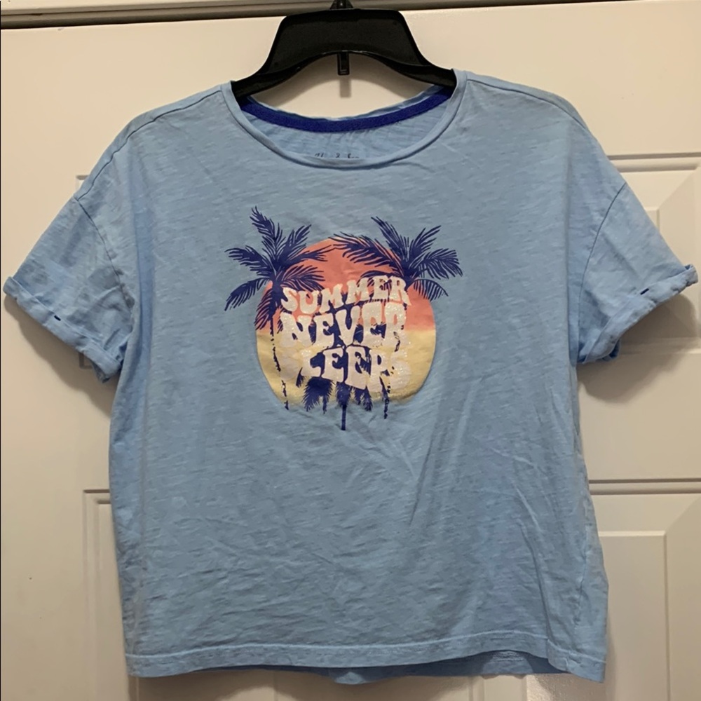 Light Blue Short Sleeve Graphic Tee - 'Summer Never Sleeps'